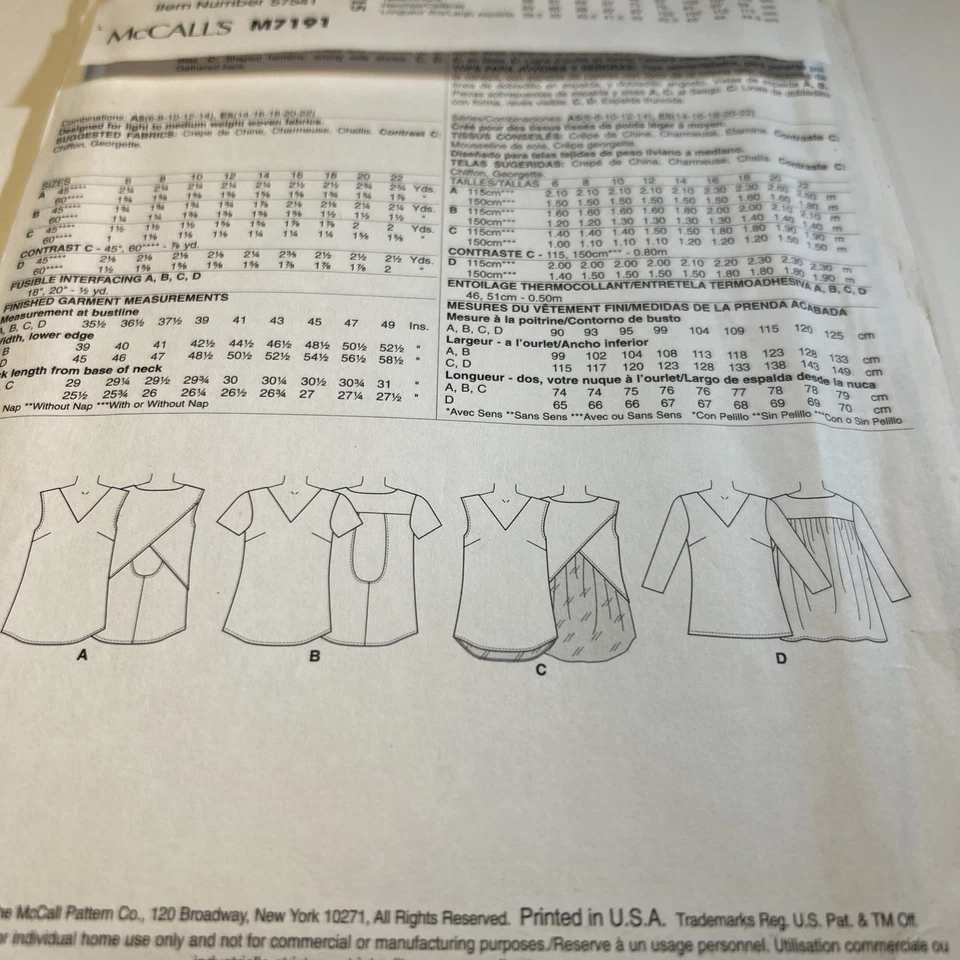 McCall's 7191 Sewing Pattern Top Shirt Blouse Back Variations E5 Plus 14-22 NEW - Image 3 of 4