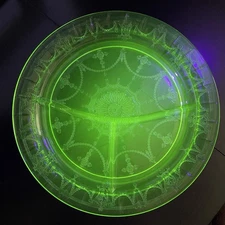Vintage Uranium Green Depression Glass Cameo Ballerina Divided Plate Glows 10.5"
