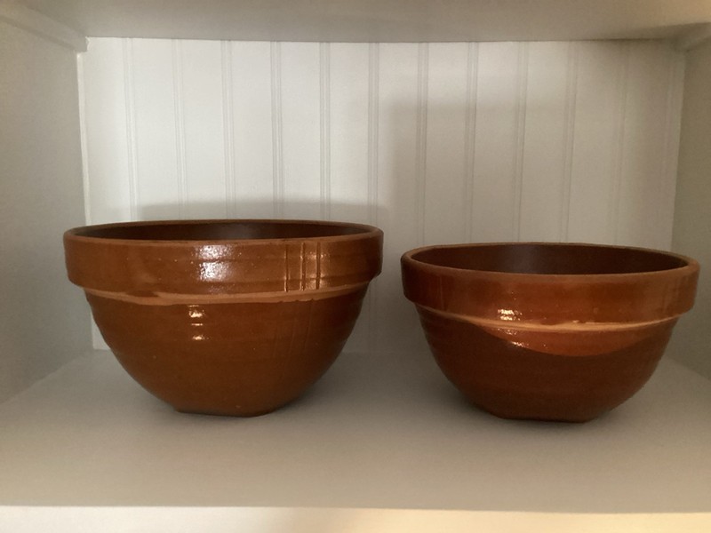2 Vintage Stoneware Mixing Bowls Redware Earthenware Crockery Primitive