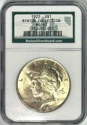 1922 $1 PEACE SILVER DOLLAR NGC MS63–BINION COLLECTION