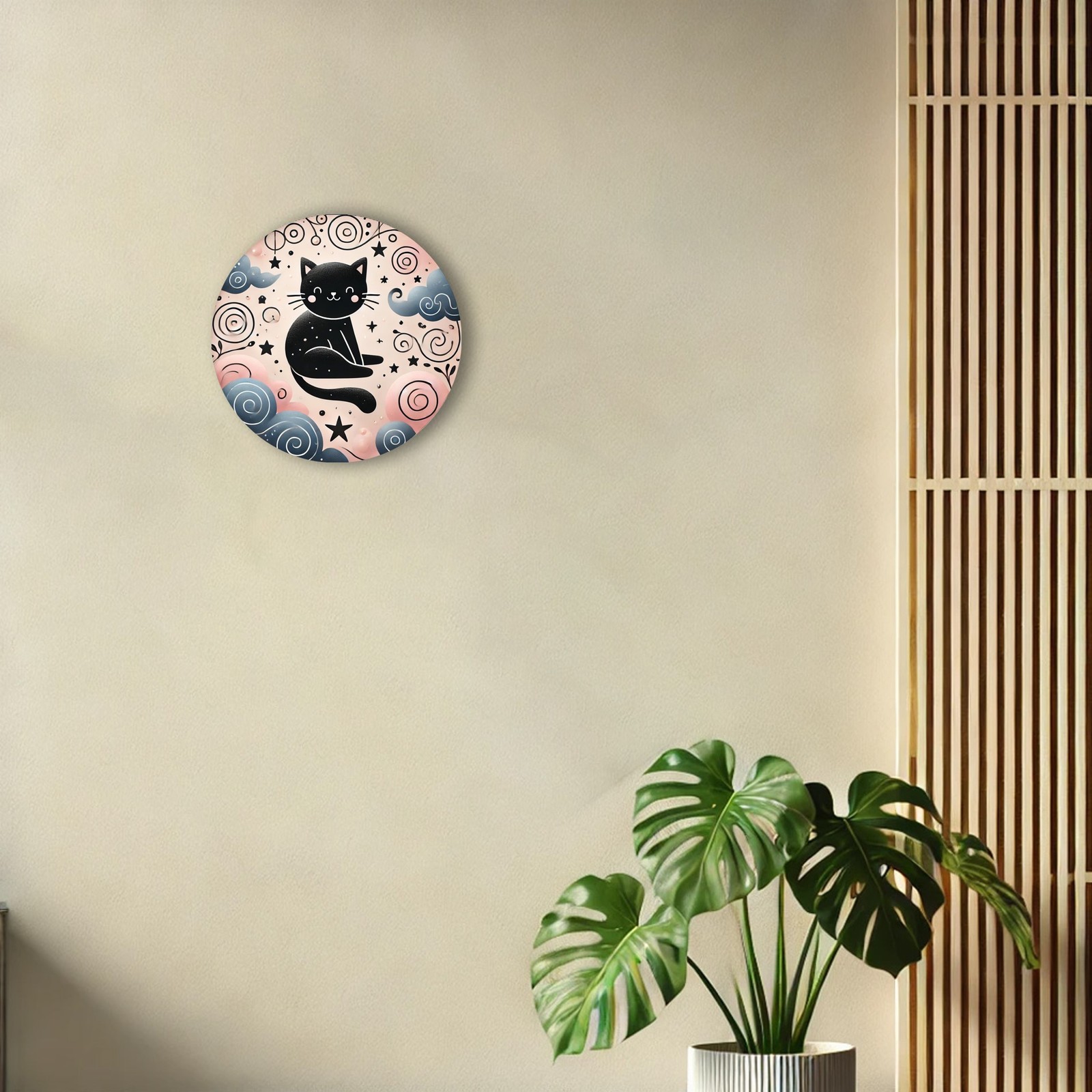 8Inch Quiet Black Cartoon Cat Round Aluminum Sign for Home Bar Cafe Decor