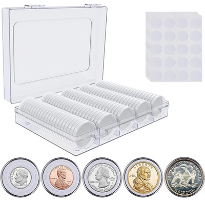 100 PCS 30MM Clear Round Coin Capsules Plastic Coin Holders &White Gaskets & Box