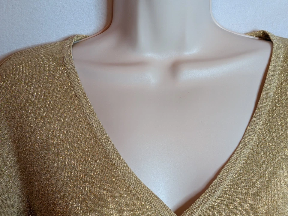 Cárdigan suéter grande Versailles para mujer dorado metálico cuello en V manga larga Foto 2 de 4