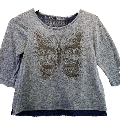 Knit Works Shirt Womens Medium Gray Butterfly Logo Long Sleeve  Pullover Stretch