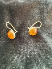 Amber Sterling Silver Round Earrings Round Cabochon Drop Hallmarked