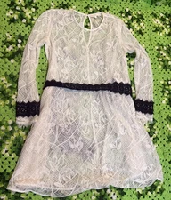 Maje Lace Dress belted Corded White Black Sz 1 Boho Chic Country Party Designer