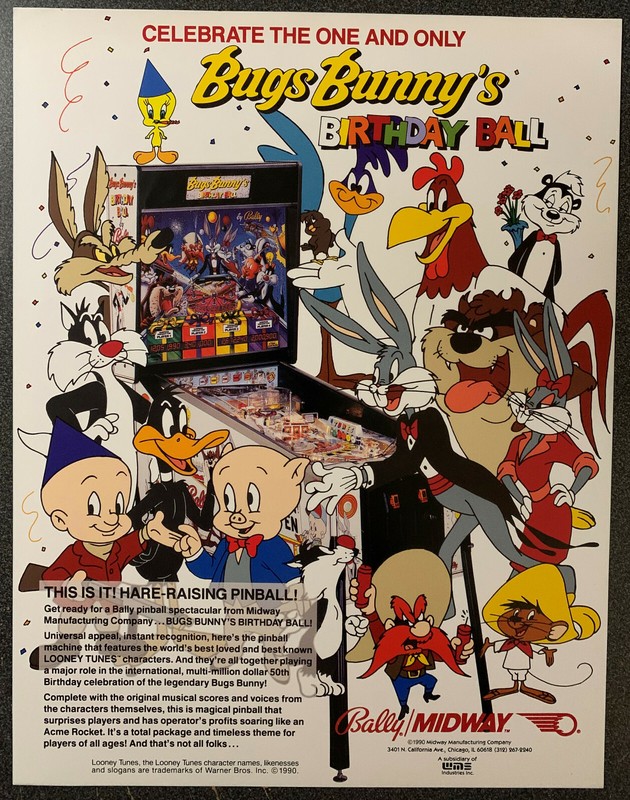 BUGS BUNNY'S BIRTHDAY BALL - Original Bally/Midway Pinball Flyer 1990 - Box Ship