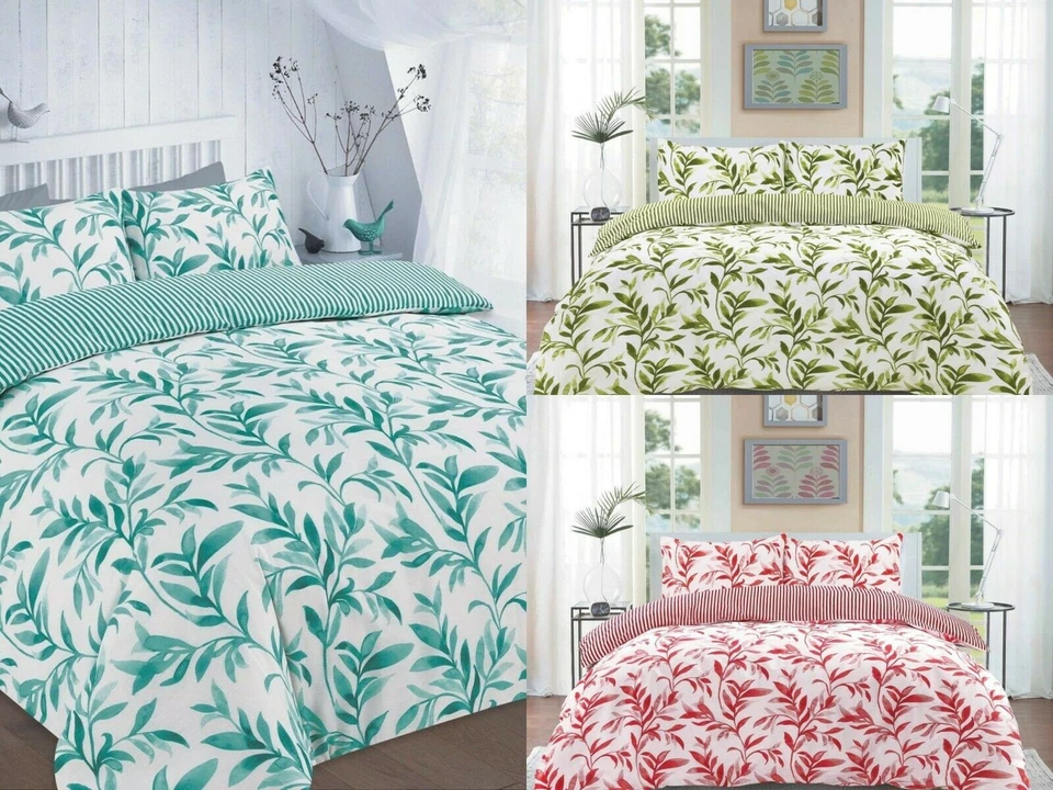 Ellie Leaf Floral Duvet Cover Set with Pillowcase Reversible Stripes Bedding Set