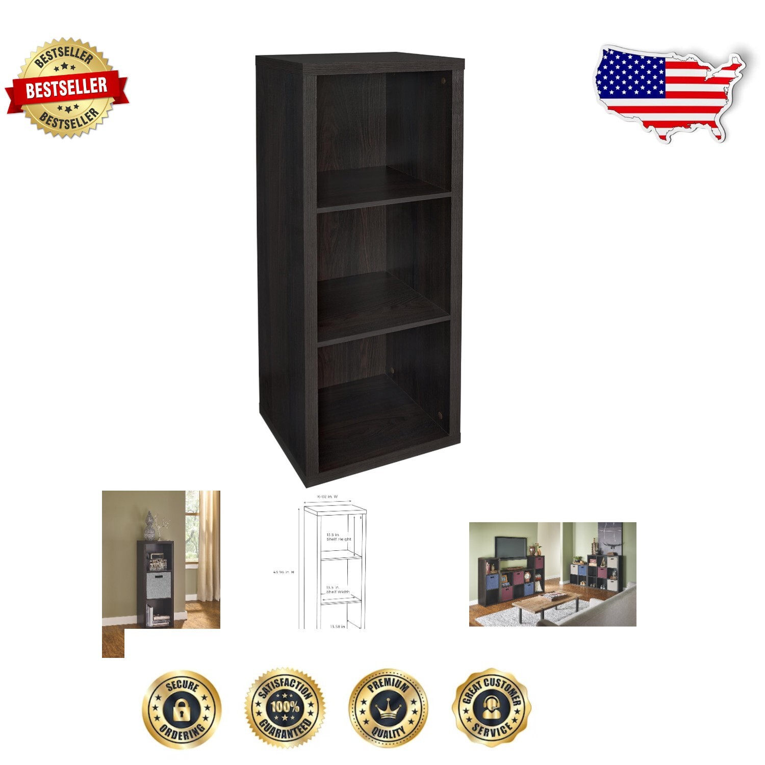 Sturdy Black Walnut 3-Cube Storage Unit - Perfect for Office and Living Room