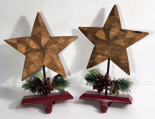 Wood Star Iron Base Christmas Stocking Holder Hanger Rustic Farmhouse Cottage - Picture 1 of 4