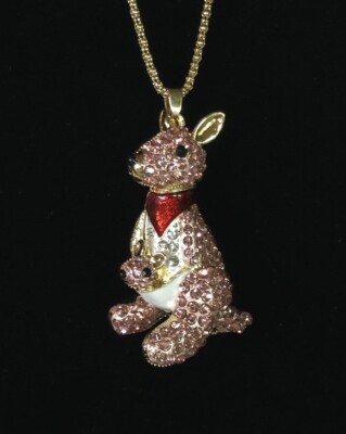 Betsey Johnson Necklace Kangaroo Gold Pink Crystals Enamel Gift Box Bag LkTK