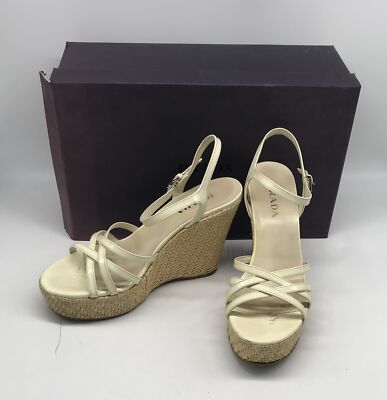 Prada strappy straw wedge patent off-white ankle strap leather sandal sz 38.5