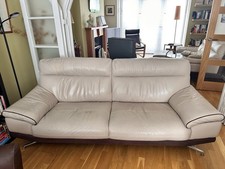 Beige/Brown Leather 3-Seater Sofa, Padded Arms, Metal Legs 7ft x 3ft