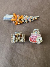 Vintage Hair Clips, Silver Metal, Flowers Butterfly Rhinestones Free Shipping