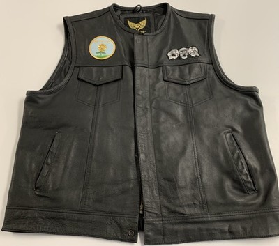 Leather Biker Vest funny patches Leatherick London XL with small flaw see pics
