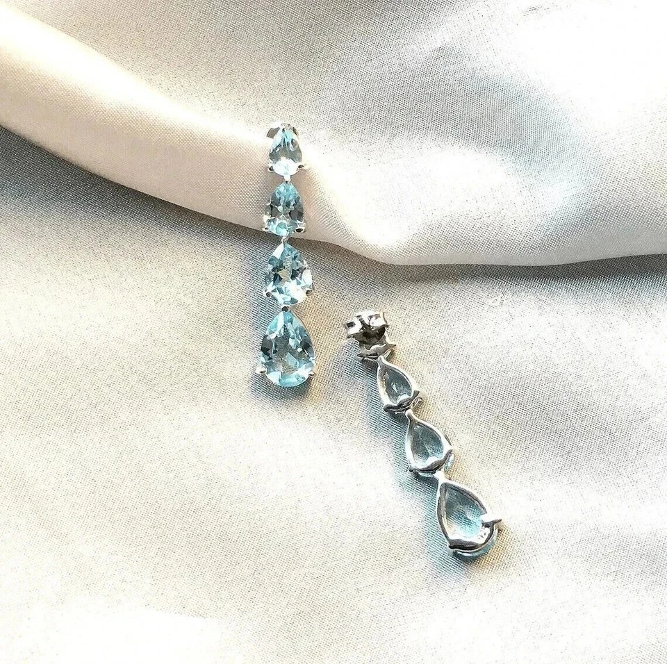 2.5Ct Pear Cut Lab Created Aquamarine Drop Dangle Earrings 14K White Gold Plated - Image 4 of 4