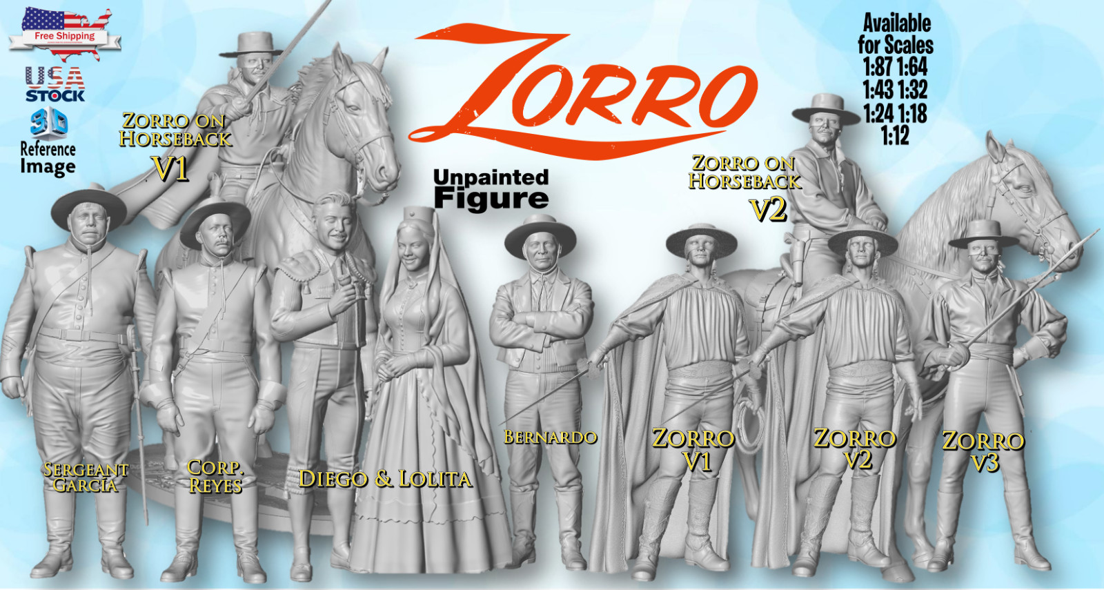 The Zorro  1/87 1/64 1/43 1/32 1/24 1/18 1/12 Scale US Stock
