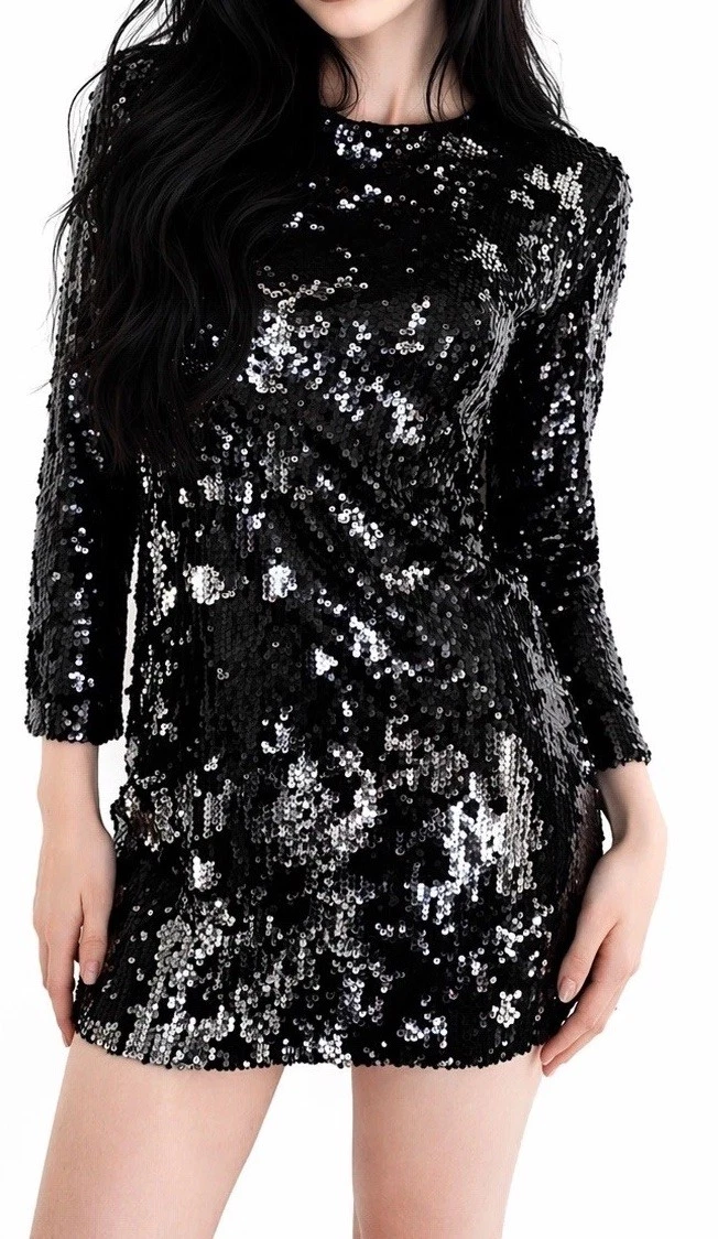 long embellished dress with sleeves Stone Embellished Long Sleeve Dress XL / Black