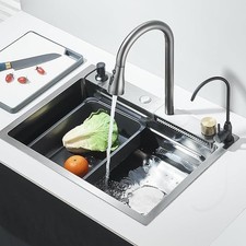 Stainless Steel Flying Rain Waterfall Kitchen Sink Single Bowl W/Pull Out Faucet