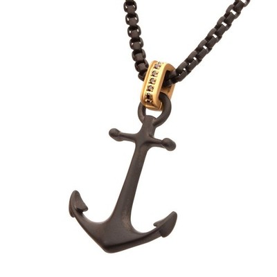 Black IP Steel Matte Finish Kraken Anchor Pendant with Golden Glint Necklace