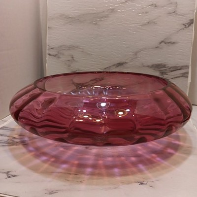 Vintage PILGRIM GLASS HUGE CRANBERRY OPTIC PANEL HUGE CENTERPIECE BOWL, RARE!