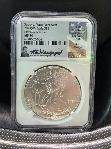2023-W  West Point Mint Silver Eagle  MS70 First Day  Issue Signed Ron Harrigal