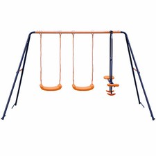 Double Swing Set Garden Swing with 1 Seesaw Set for Children Yard Kids Play