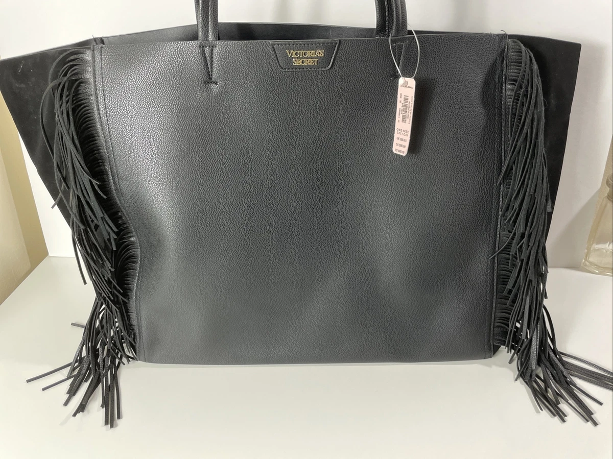 Victoria's Secret Limited Edition Black Logo Faux Leather Fringe Tote Bag  NWT