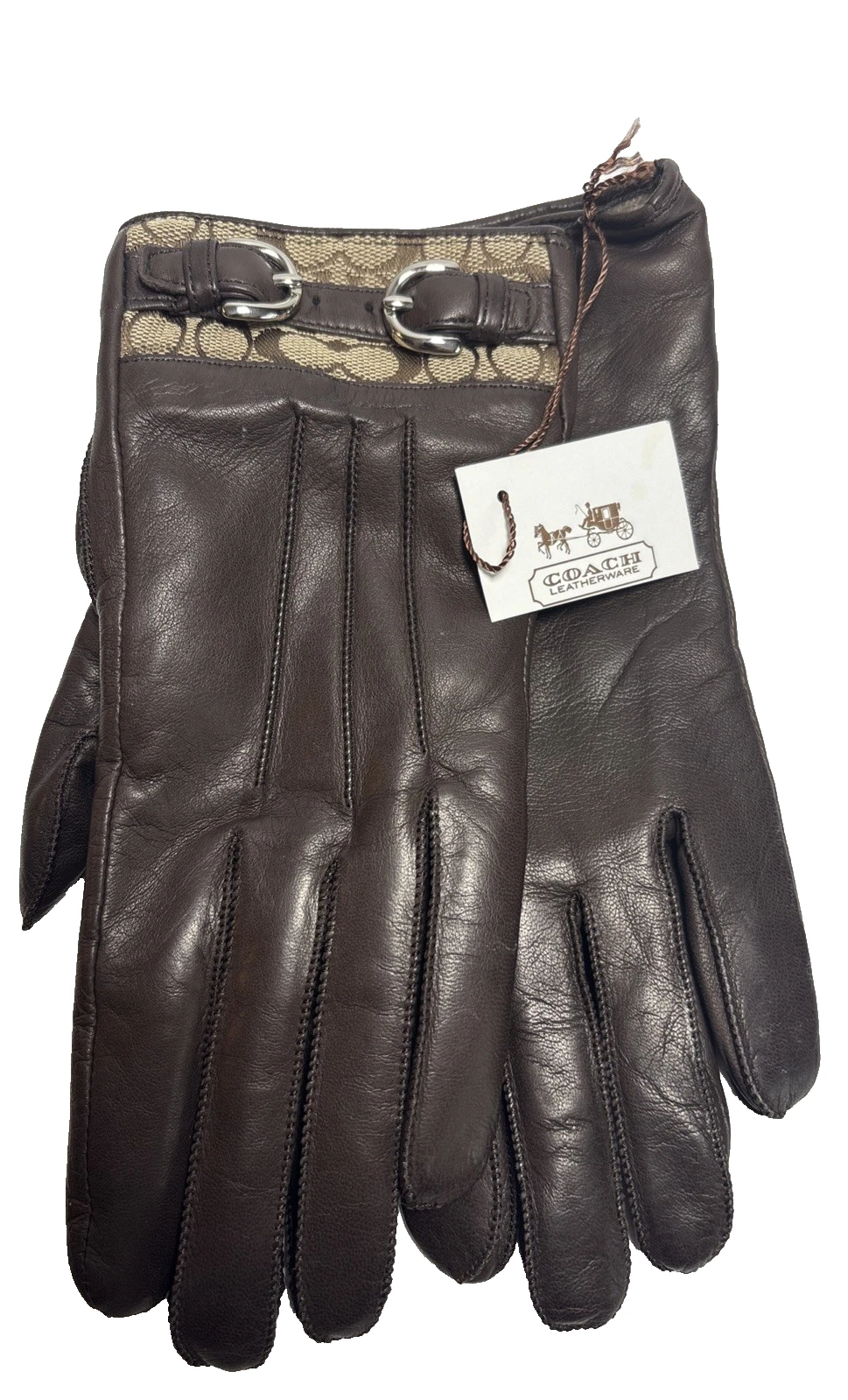 Coach Gloves CC Monogrammed Brown Supple Soft Lined Leather W/Buckles 6.5 6 1/2