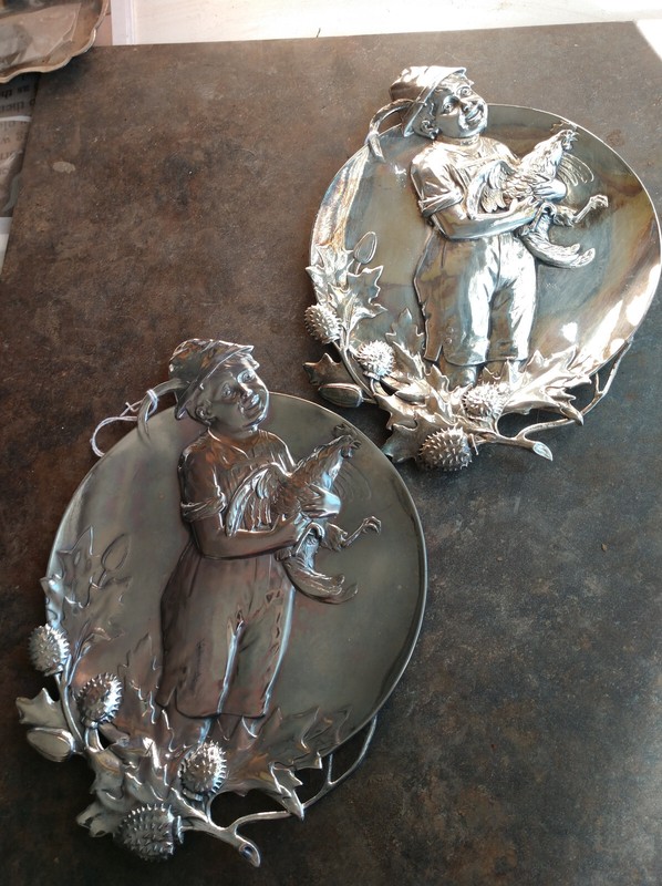 Pair WMF 1900s antique card tray wall plaque young boy with rooster and thistles