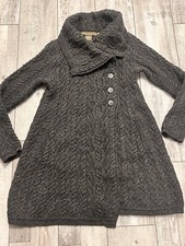 Inis Crafts Cable Knit Long Button Up Cardigan Womens Small Merino Wool Ireland