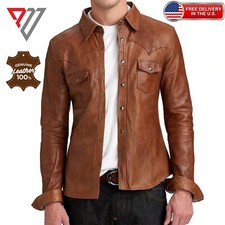 Men's Genuine Lambskin Waxed Brown Leather Slim Fit Full Sleeve Button Shirt