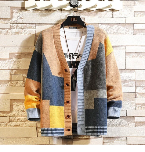Mens Teens Designer V-Neck Patchwork Jumper Cardigan Cashmere Sweater Loose Fit - Picture 10 of 16