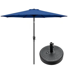9FT Outdoor Umbrella Blue with Push Button Tilt and Crank and 50lbs Base Stand