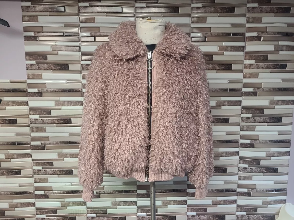 Zara TRF Teddy Fluffy Fleece Faux Fur Full Zip Bomber Jacket Pink