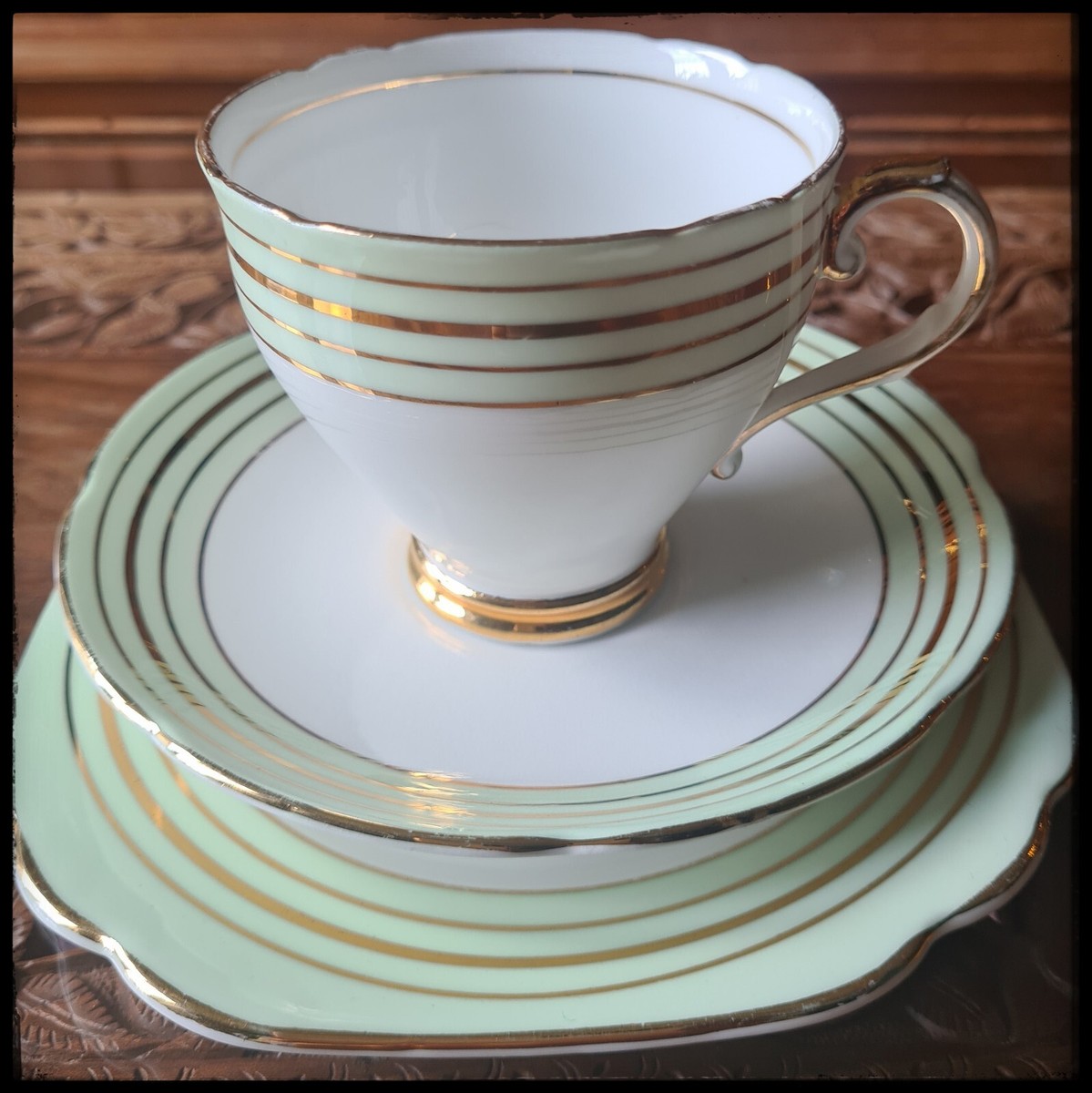 Stanley Fine Bone China Art Deco White and Pastel Green Tea