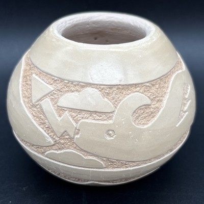 L. Yepa Jemez Small Buff Sgraffito Hand Coiled Pottery Seed Pot w/ Avanyu Symbol