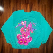 Vintage Hummingbird Floral Sweatshirt Teal XL USA Made Grandma Core 80s 90s