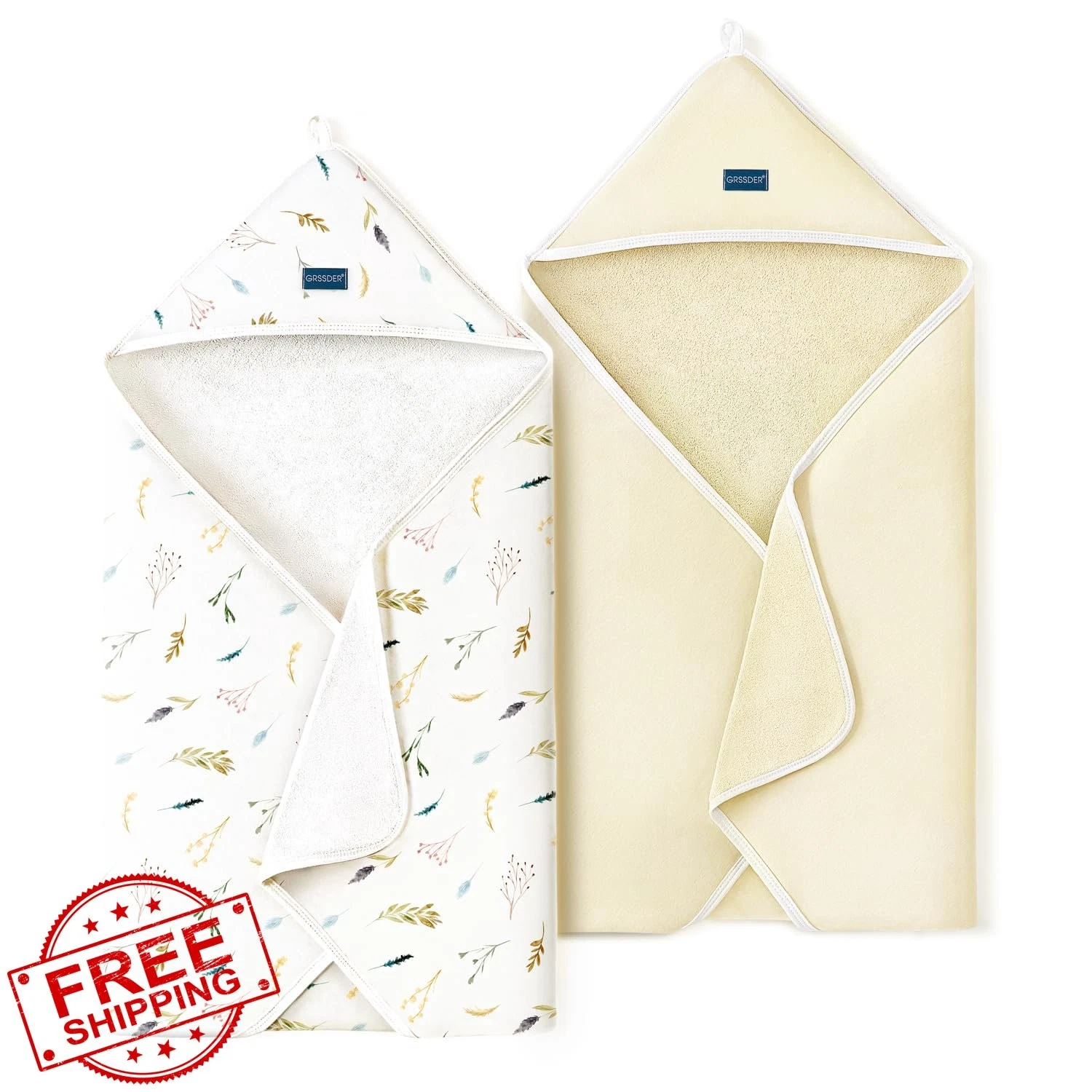 GRSSDER Tiny Leaves 2pk 34" Hooded Baby Towels