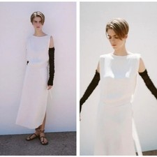 CIRC x ZARA Linen Blend Long Open Back Maxi Dress Oyster White Sz M NWT {G3}