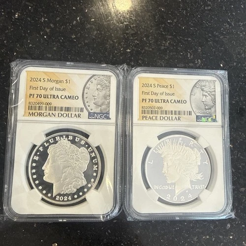 2 coin set 2024 morgan and peace proof silver dollars ngc pf 70 first day sf