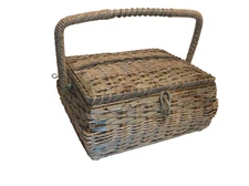 VINTAGE WICKER SEWING BASKET Tan & Blue w/blue satin lining Japan style