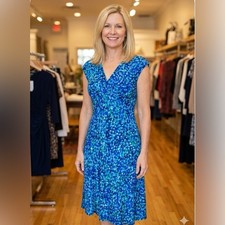 Ralph Lauren LRL Womens Blue Green Print Cap Sleeve Dress V Neck size 4