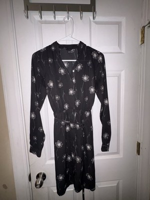 Ann Taylor Shirt Dress Floral Black White Long Sleeve V-Neck Knee Length XS