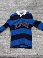 Tommy Hilfiger Rugby Shirt Men's Medium Blue Striped Spell Out Patches Y2K