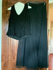 Elegant black two-piece formal gown, by Kara, top size medium, skirt size 8