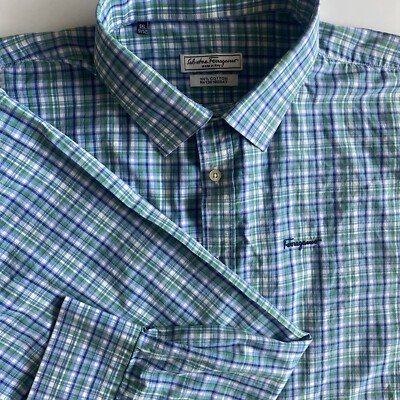 Salvatore Ferragamo Blue Green Plaid 5XL Men's Button Down Shirt