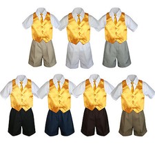 4pc Boy Toddler Formal Yellow Vest Necktie Khaki White Black Shorts