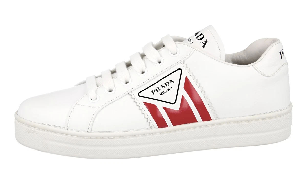 PRADA Leder Downtown Sneaker Schuhe 1E125M Weiss Rote Streifen NEU - 37