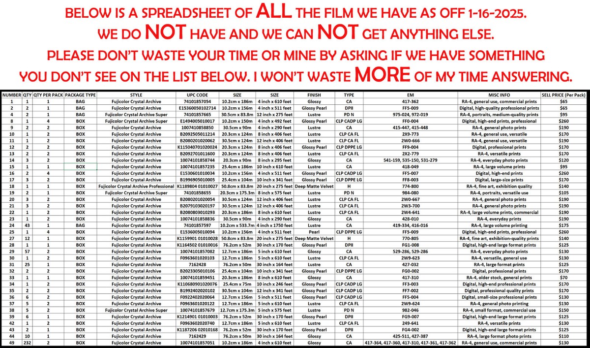 5x Fuji Fujicolor Crystal Archive 12x16" (30,5x 40,6cm